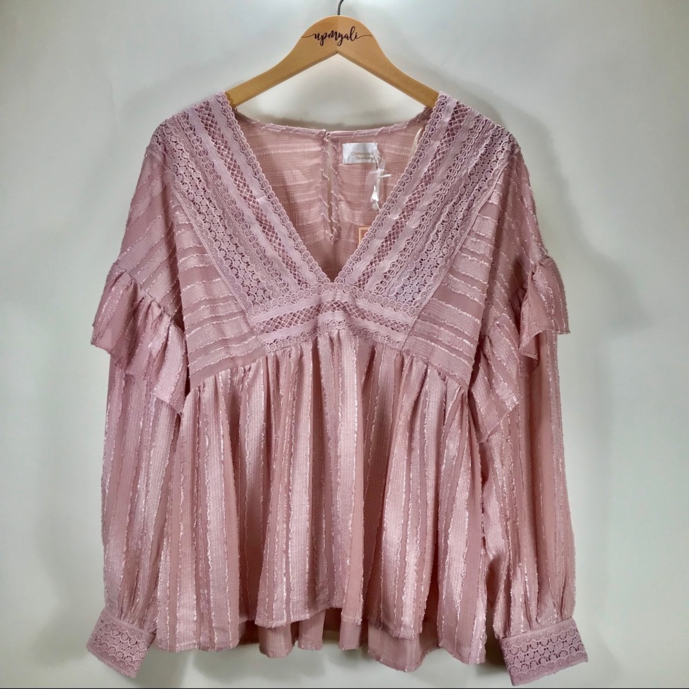 Champagne & Strawberry Boho Lace Ruffled Long Sleeve Blouse Pink Size Medium